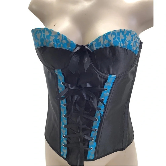 Vintage teal and black underwire padded cups with lace up corset & accessories - Picture 6 of 10
